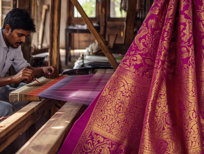 <h1><strong>“Handcrafted Stories Woven in Silk.”</strong></h1><h1><em>One-of-a-kind sarees inspired by heritage art.</em></h1>