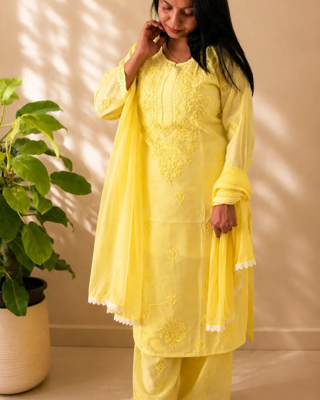 Handcrafted Yellow Chikankari Chanderi 3-Piece Suit Set