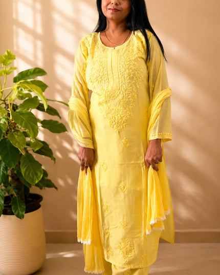 Handcrafted Yellow Chikankari Chanderi 3-Piece Suit Set