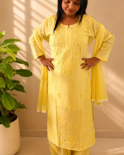 Handcrafted Yellow Chikankari Chanderi 3-Piece Suit Set