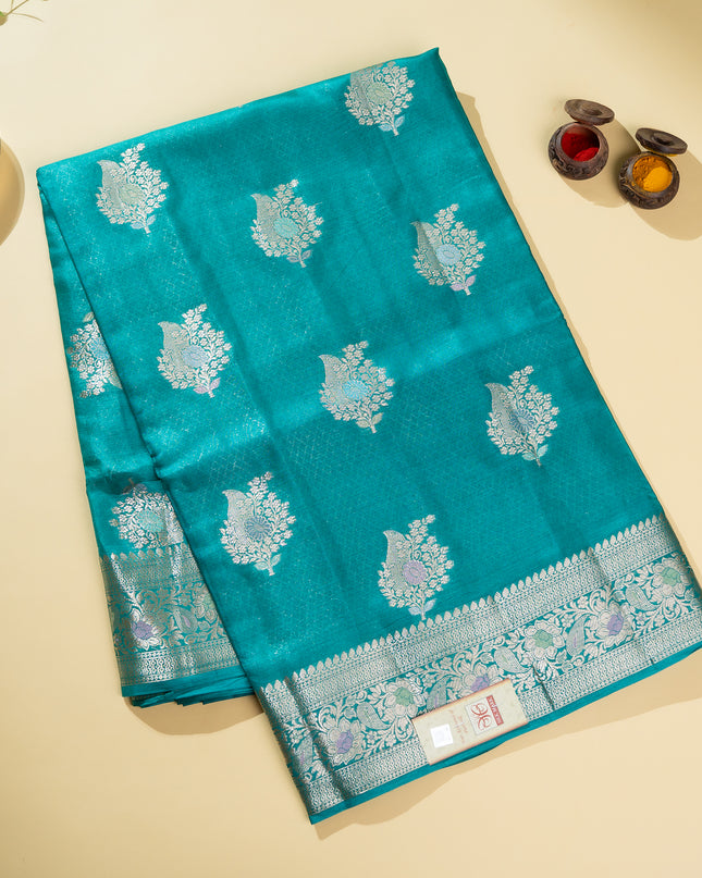 Teal Blue Pure Kosa Silk Saree with Golden Zari Weaving with blouse (Silk Mark provided)