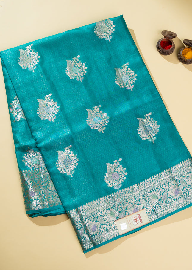 Teal Blue Pure Kosa Silk Saree with Golden Zari Weaving with blouse (Silk Mark provided)