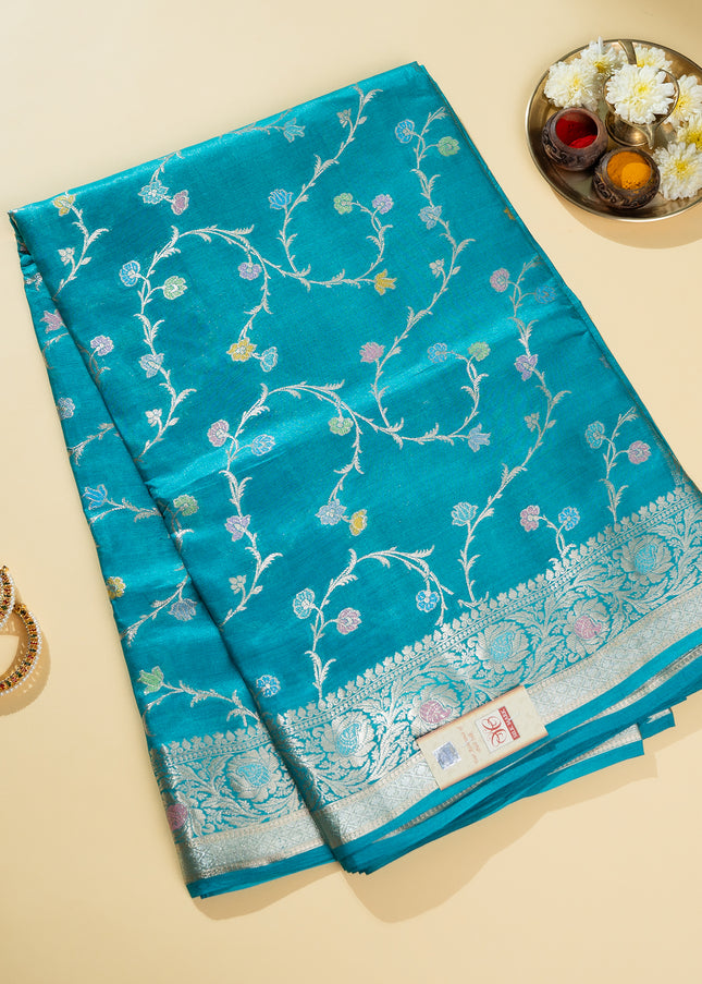 Turquoise Blue Pure Kosa Silk Saree with Golden Zari Weaving with blouse (Silk Mark provided)