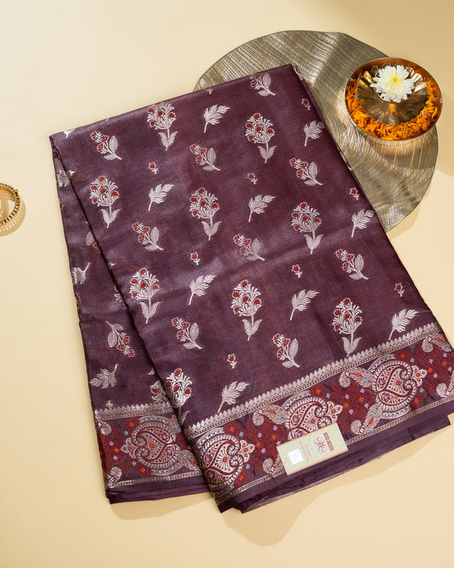 Maroon Pure Kosa Silk Saree with Golden Zari Weaving with blouse (Silk Mark provided)
