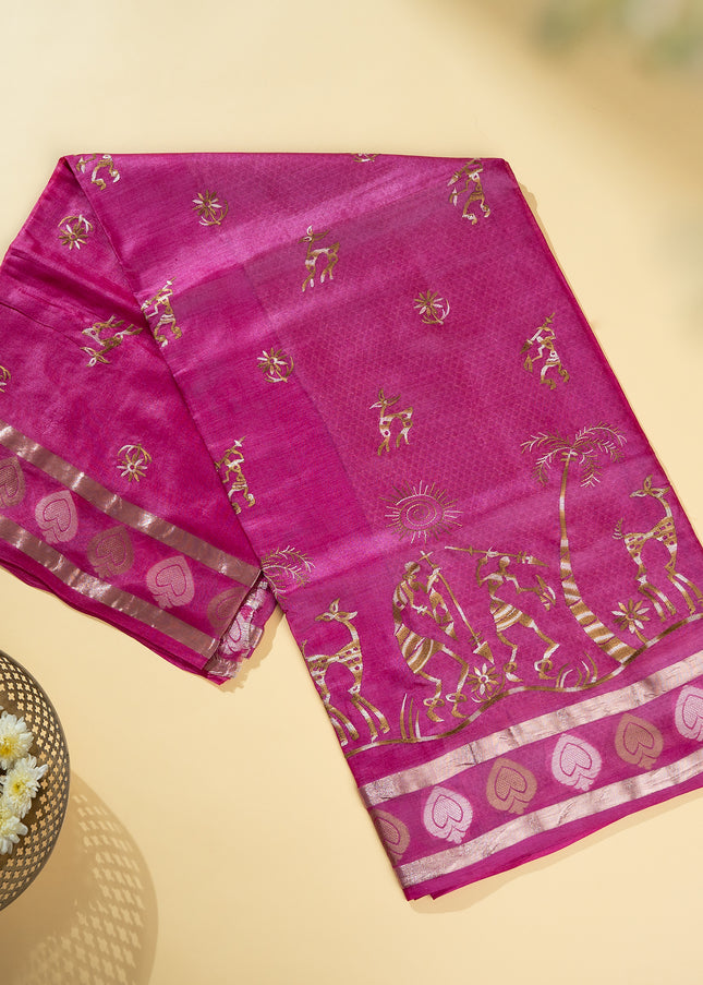 Pink Pure Kosa Silk Saree Tribal Machine Embroidery with blouse (Silk Mark provided)