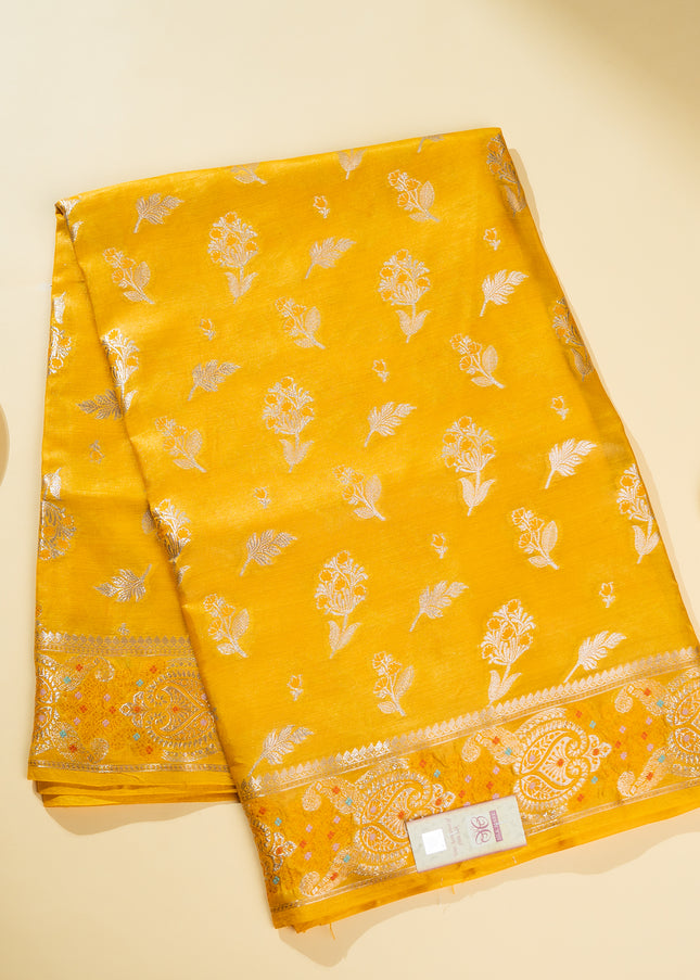 Yellow Pure Kosa Silk Saree with Golden Zari Weaving with blouse (Silk Mark provided)