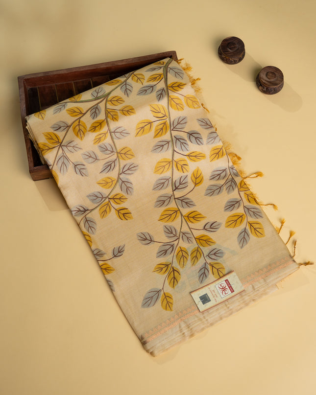 Handpainted Yellow Pue Kosa Silk Elephant Theme Saree with Artistic Pallu with Blouse (Silk Mark provided)