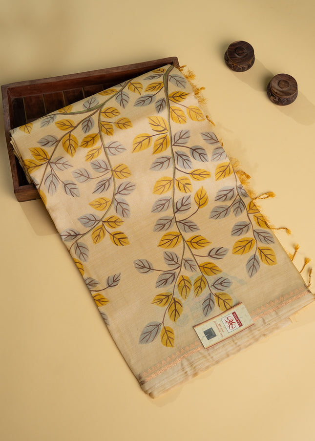 Handpainted Yellow Pue Kosa Silk Elephant Theme Saree with Artistic Pallu & Subtle Zari Border with Blouse (Silk Mark provided)