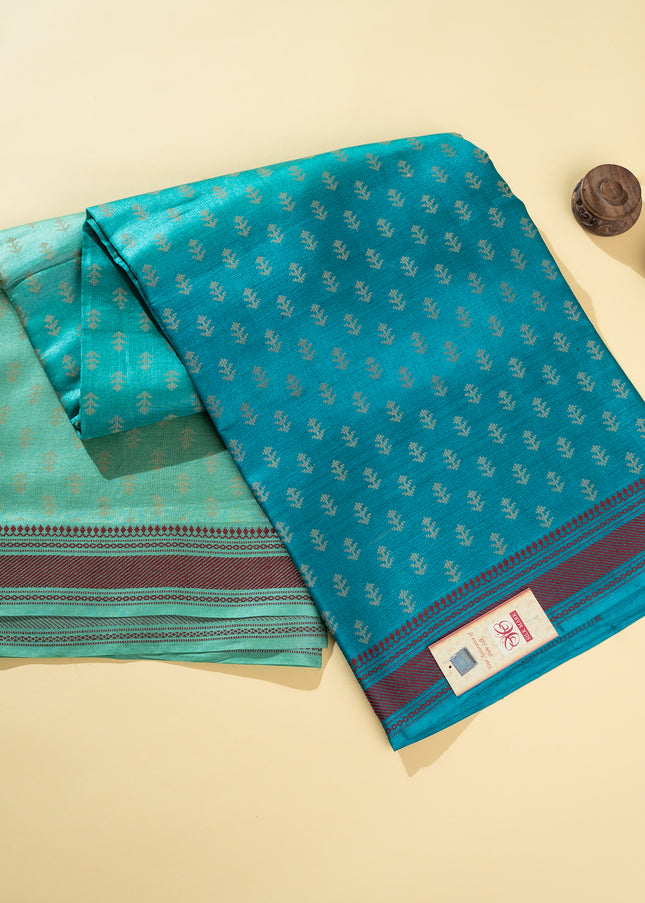 Three Shaded Teal Kosa Silk Saree with Tiny Buti Motifs with Blouse (Silk Mark Provided)