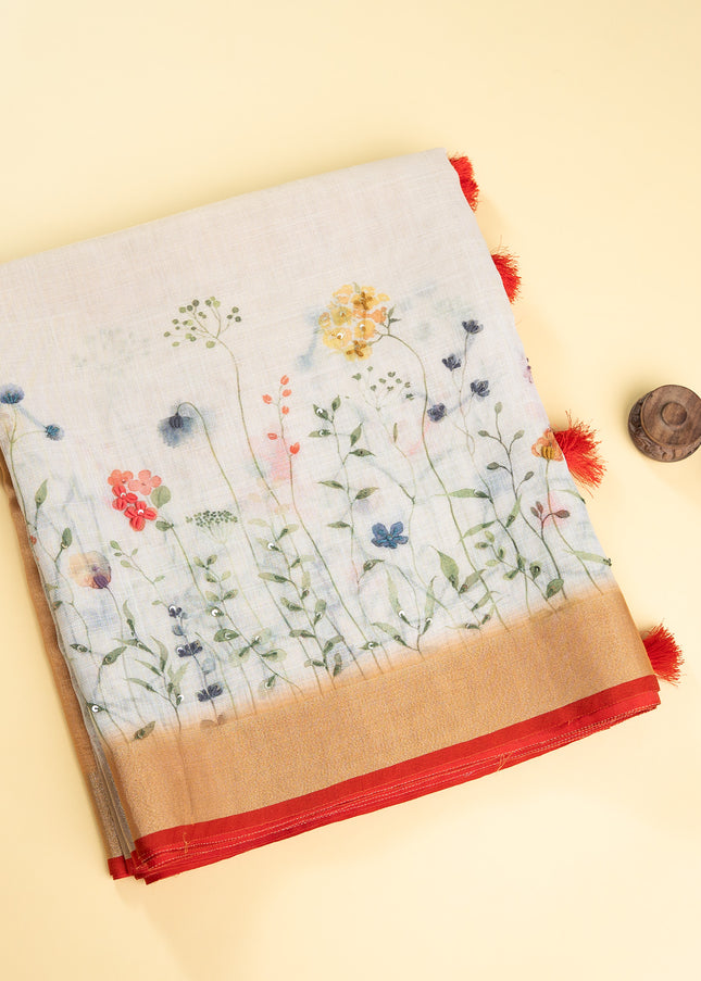Hand-Painted/Hand Embroidery Floral Chanderi Saree with Blouse