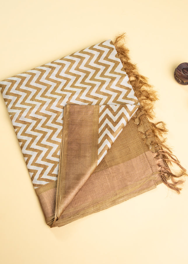 Golden Pure Kosa Zigzag Printed & Tussar Zari border Saree with Blouse (Silk Mark provided)