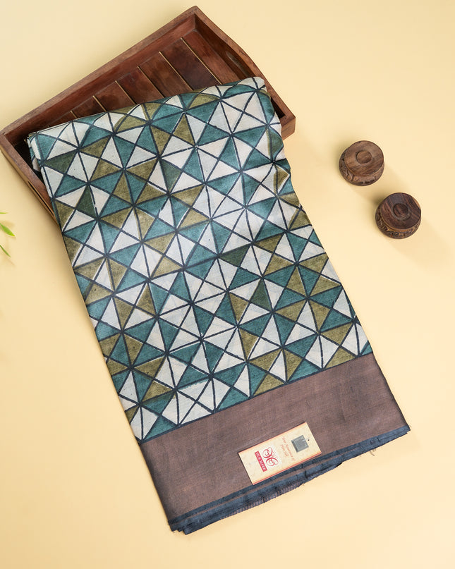 Pure Kosa Block Printed & Tussar Zari border Saree with Blouse (Silk Mark provided)