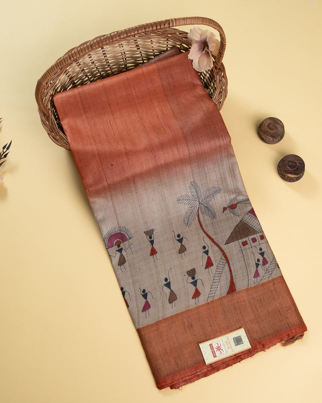 Handpainted Tribal Art Bronze Pure Kosa Silk Saree with Blouse (Silk Mark provided)