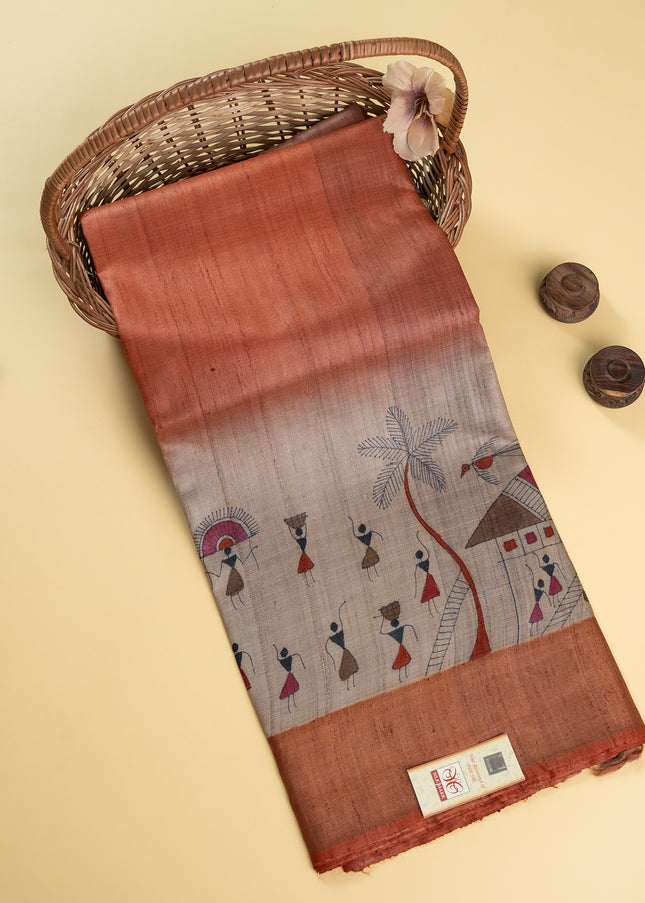 Handpainted Tribal Art Bronze Pure Kosa Silk Saree with Blouse (Silk Mark provided)