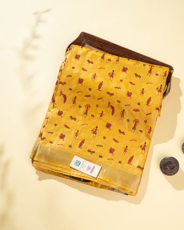 Mustard Yellow Pure Kosa Silk All Over Machine-Embroidery with Contrast Pallu & blouse (Silk Mark provided)