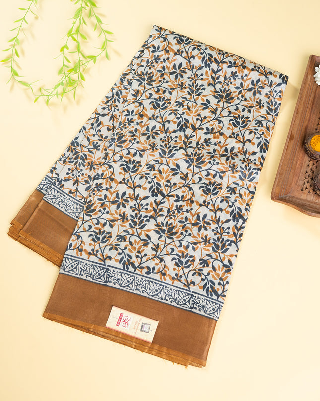 Mustard Block Printed & Tusshar Zari border Saree with Blouse (Silk Mark provided)