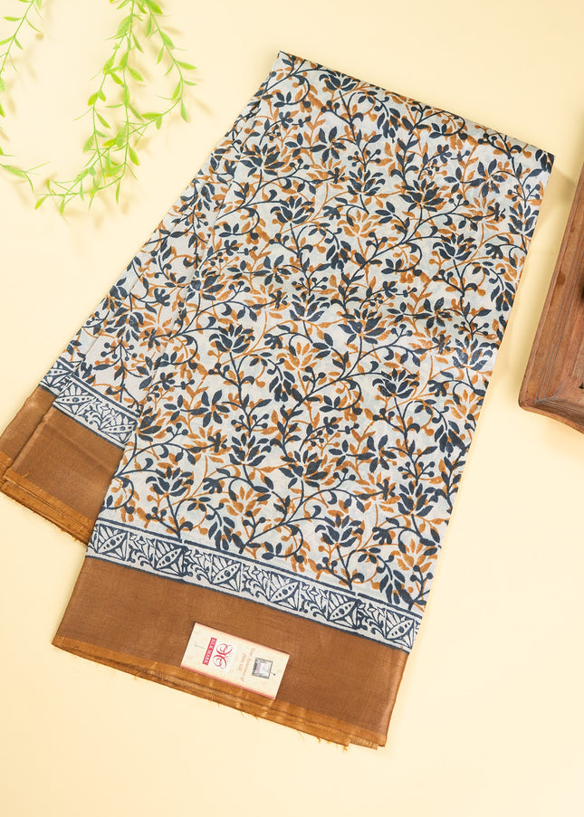 Mustard Block Printed & Tusshar Zari border Saree with Blouse (Silk Mark provided)