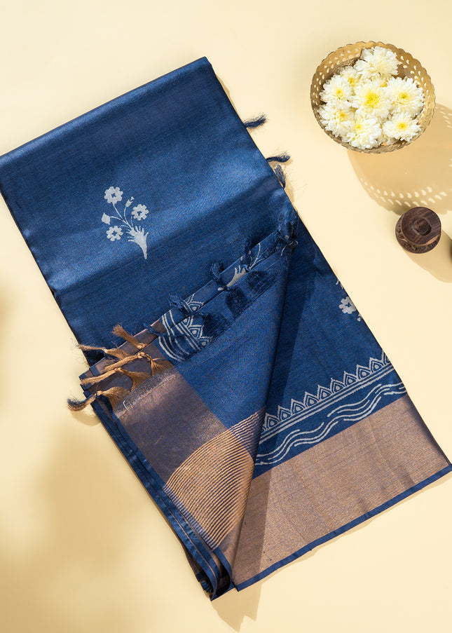 Royal Blue Pure Kosa Silk Block Printed Saree with blouse (Silk Mark provided)