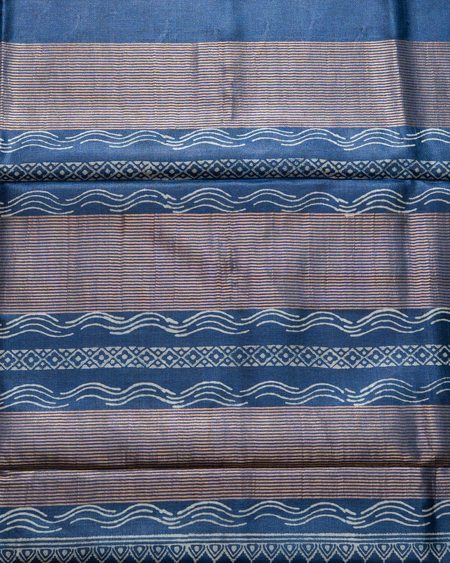Royal Blue Pure Kosa Silk Block Printed Saree with blouse (Silk Mark provided)