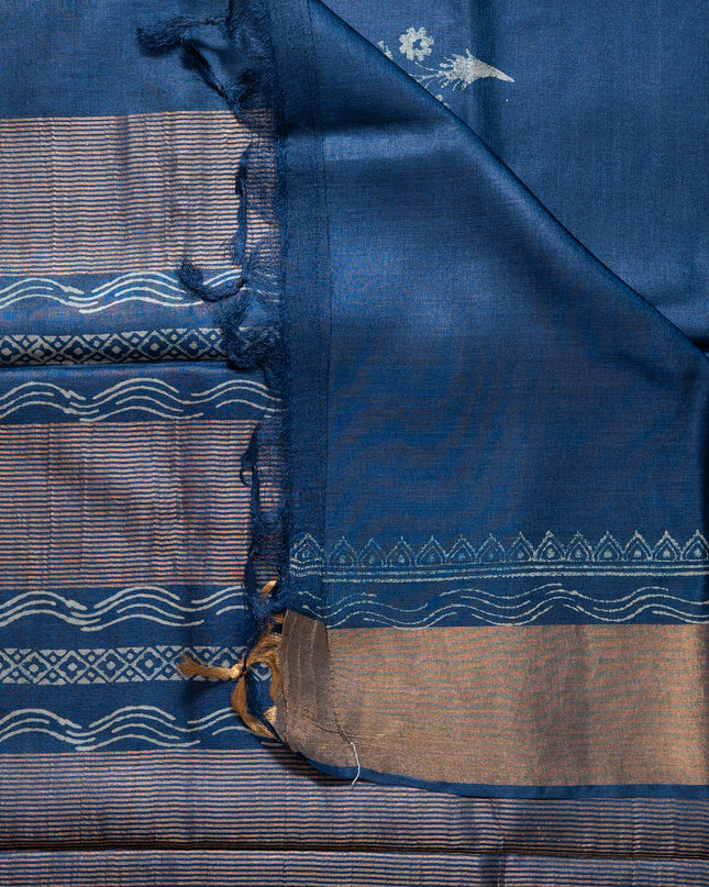 Royal Blue Pure Kosa Silk Block Printed Saree with blouse (Silk Mark provided)