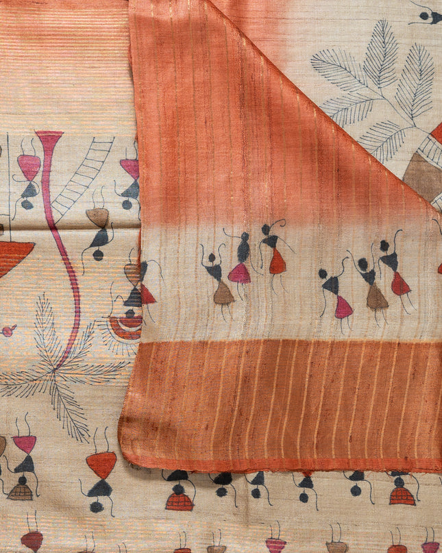 Handpainted Tribal Art Bronze Pure Kosa Silk Saree with Blouse (Silk Mark provided)