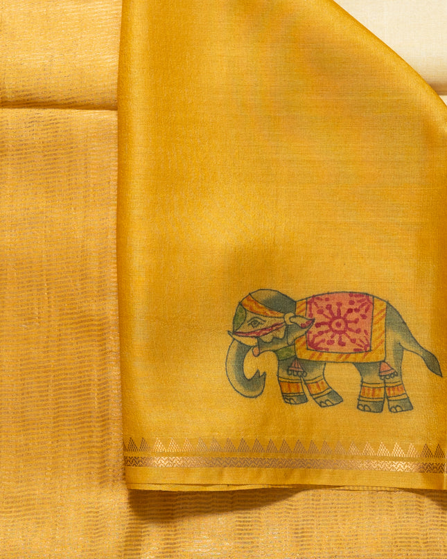 Handpainted Yellow Pue Kosa Silk Elephant Theme Saree with Artistic Pallu with Blouse (Silk Mark provided)