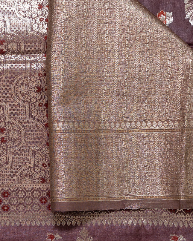 Maroon Pure Kosa Silk Saree with Golden Zari Weaving with blouse (Silk Mark provided)