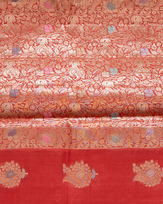 Red Pure Kosa Silk Saree with Golden Zari Weaving with blouse (Silk Mark provided)