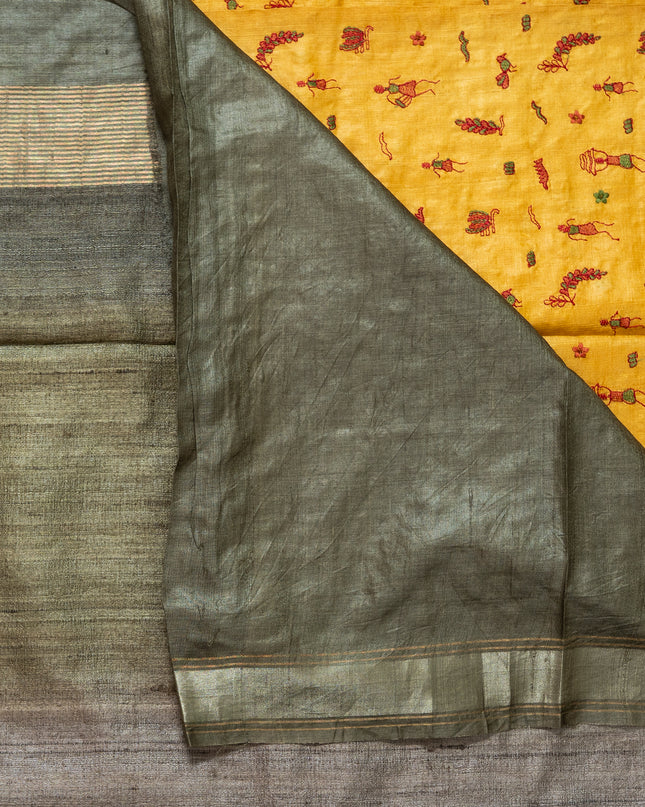 Mustard Yellow Pure Kosa Silk All Over Machine-Embroidery with Contrast Pallu & blouse (Silk Mark provided)