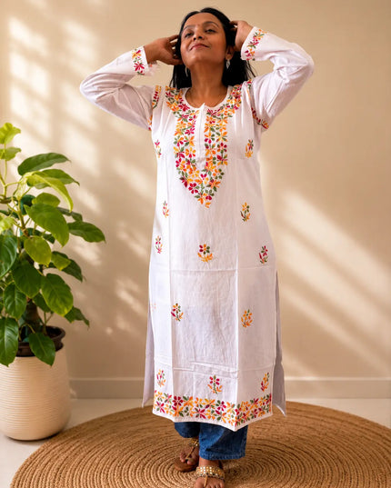 White Handcrafted Cotton Chikankari Kurti