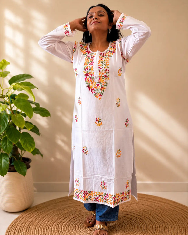 White Handcrafted Cotton Chikankari Kurti