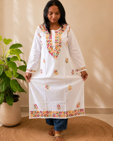 White Handcrafted Cotton Chikankari Kurti