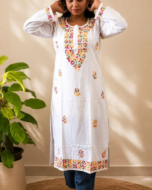 White Handcrafted Cotton Chikankari Kurti