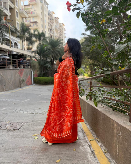 Orange Mix Kosa Silk Tribal Embroidery All Over Saree with Blouse