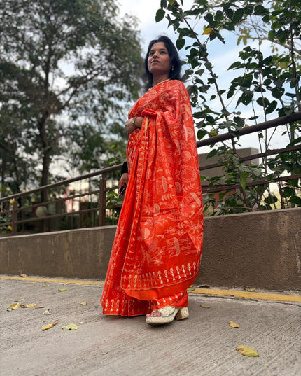 Orange Mix Kosa Silk Tribal Embroidery All Over Saree with Blouse