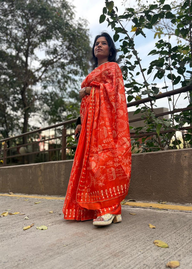 Orange Mix Kosa Silk Tribal Embroidery All Over Saree with Blouse