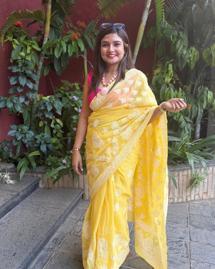 Yellow Chikankari Mulmul Cotton Saree with Blouse