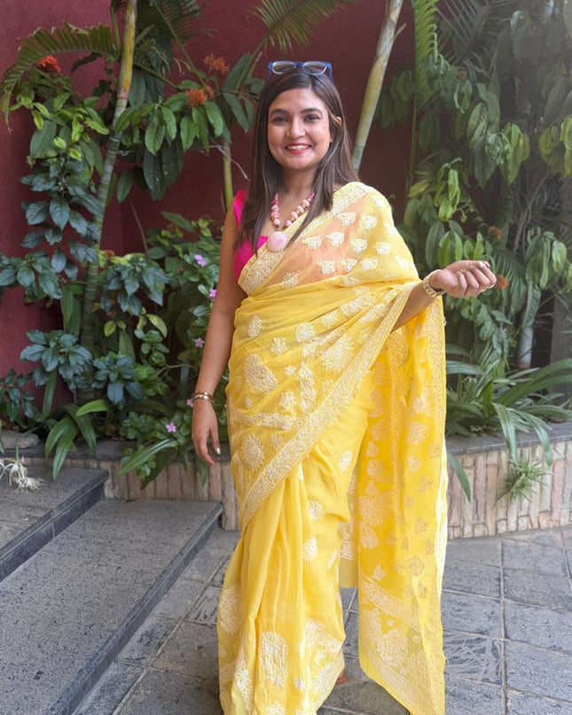 Yellow Chikankari Mulmul Cotton Saree with Blouse