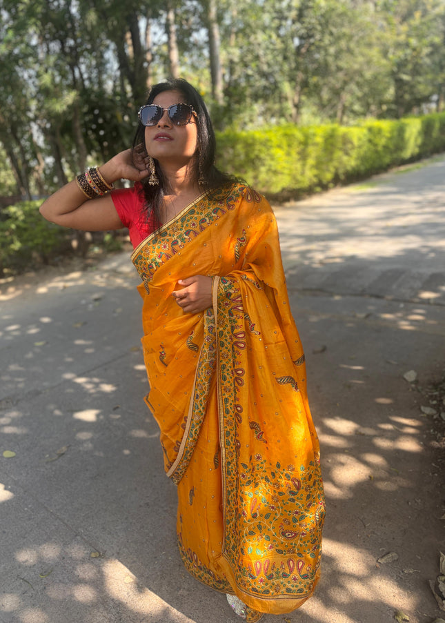 Pure Kosa Silk Saree with All Over Machine Embroidery with blouse (Silk Mark Certified)