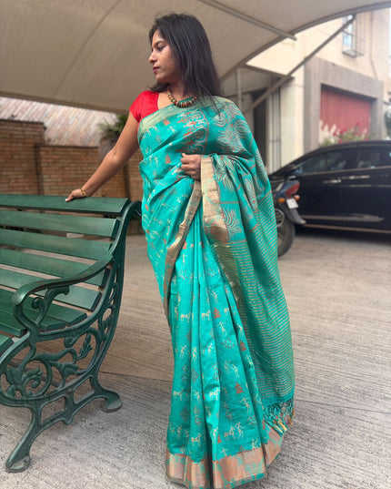 Green Mix Kosa Silk Tribal Embroidery All Over Saree with Blouse