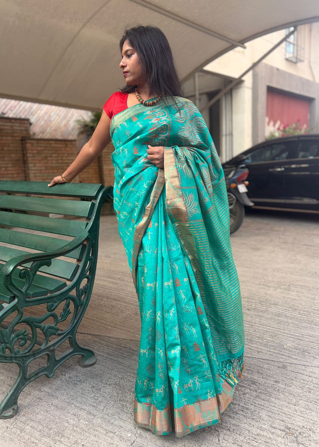 Green Mix Kosa Silk Tribal Embroidery All Over Saree with Blouse