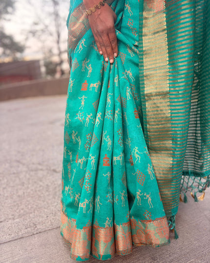 Green Mix Kosa Silk Tribal Embroidery All Over Saree with Blouse