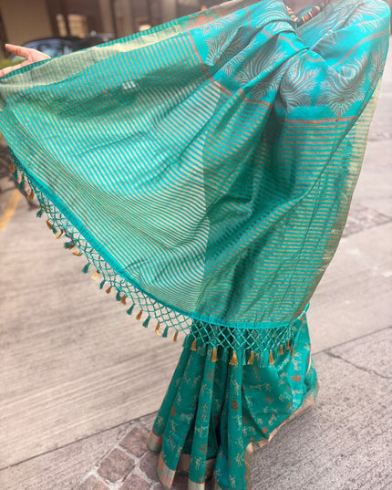 Green Mix Kosa Silk Tribal Embroidery All Over Saree with Blouse