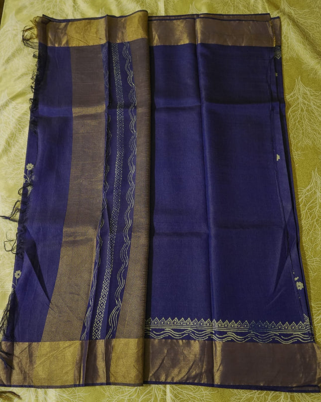 Royal Blue Pure Kosa Silk Block Printed Saree with blouse (Silk Mark provided)
