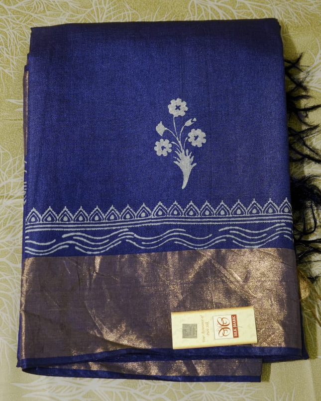 Royal Blue Pure Kosa Silk Block Printed Saree with blouse (Silk Mark provided)