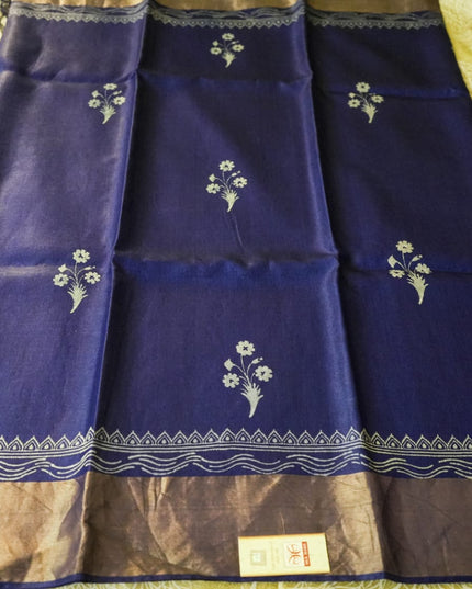 Royal Blue Pure Kosa Silk Block Printed Saree with blouse (Silk Mark provided)
