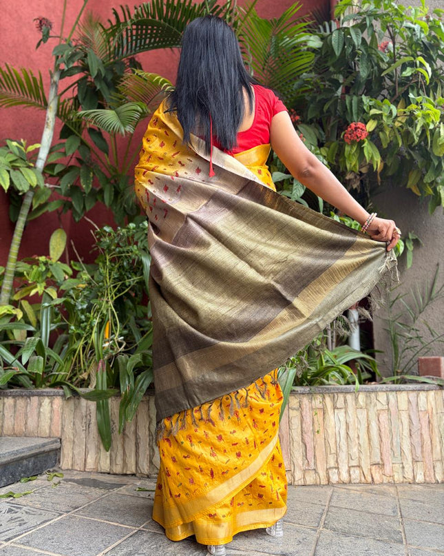 Mustard Yellow Pure Kosa Silk All Over Machine-Embroidery with Contrast Pallu & blouse (Silk Mark provided)