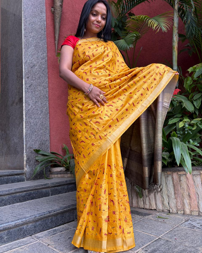 Mustard Yellow Pure Kosa Silk All Over Machine-Embroidery with Contrast Pallu & blouse (Silk Mark provided)