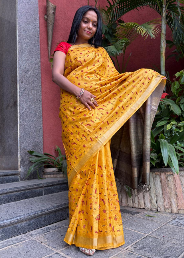 Mustard Yellow Pure Kosa Silk All Over Machine-Embroidery with Contrast Pallu & blouse (Silk Mark provided)