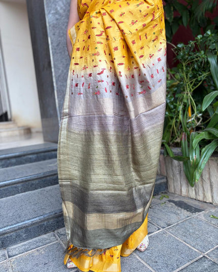 Mustard Yellow Pure Kosa Silk All Over Machine-Embroidery with Contrast Pallu & blouse (Silk Mark provided)